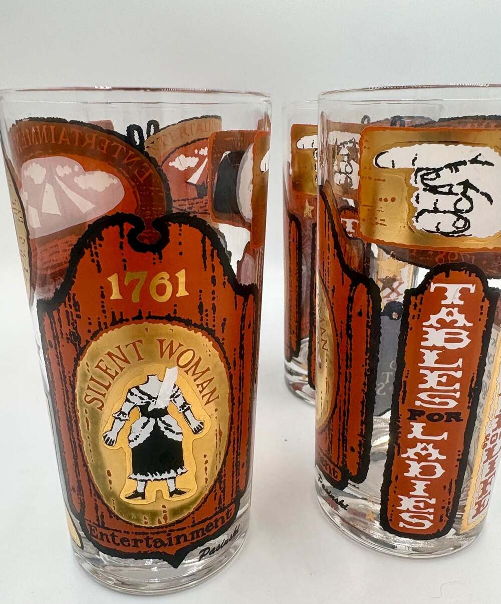 Vintage Libbey Tavern Signs Glasses, Set of 4 | Retro Barware with Old English P